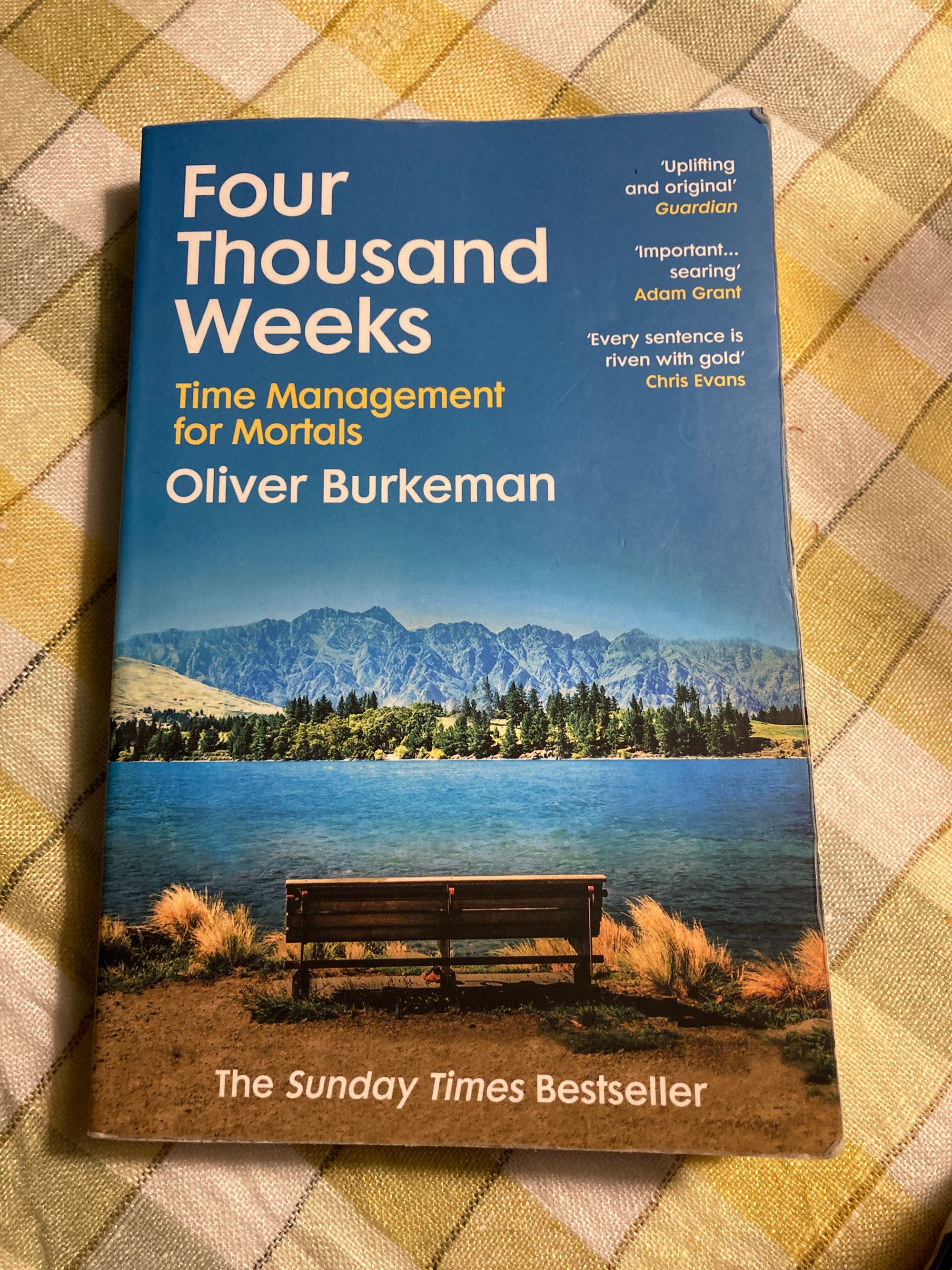 Picture of the book "Four Thousand Weeks" on top of a table cloth with yellow squares